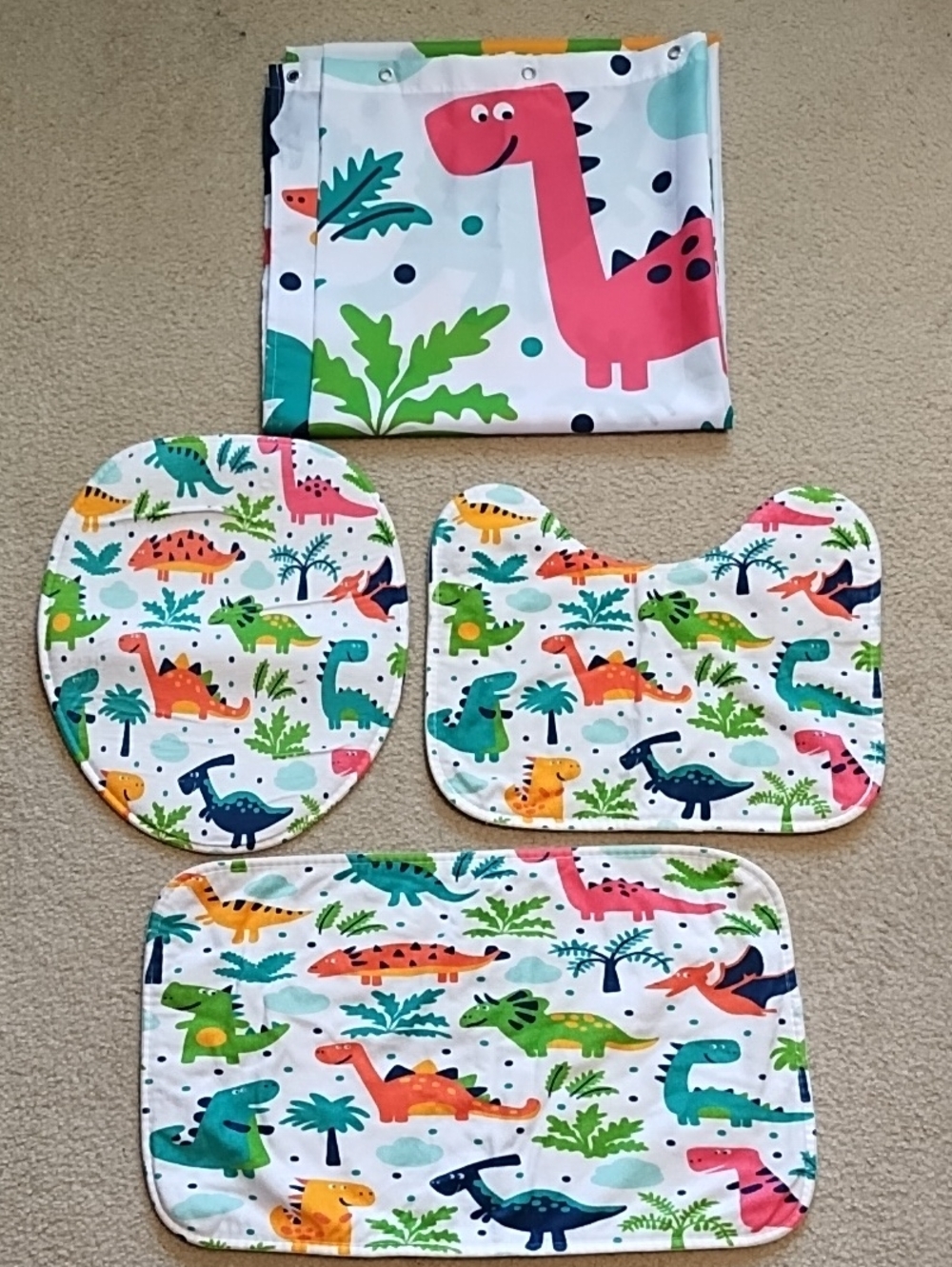 Kids Dinosaur Bathroom Set 4 Piece Shower Curtain Mats Toilet Lid Cover Unisex
